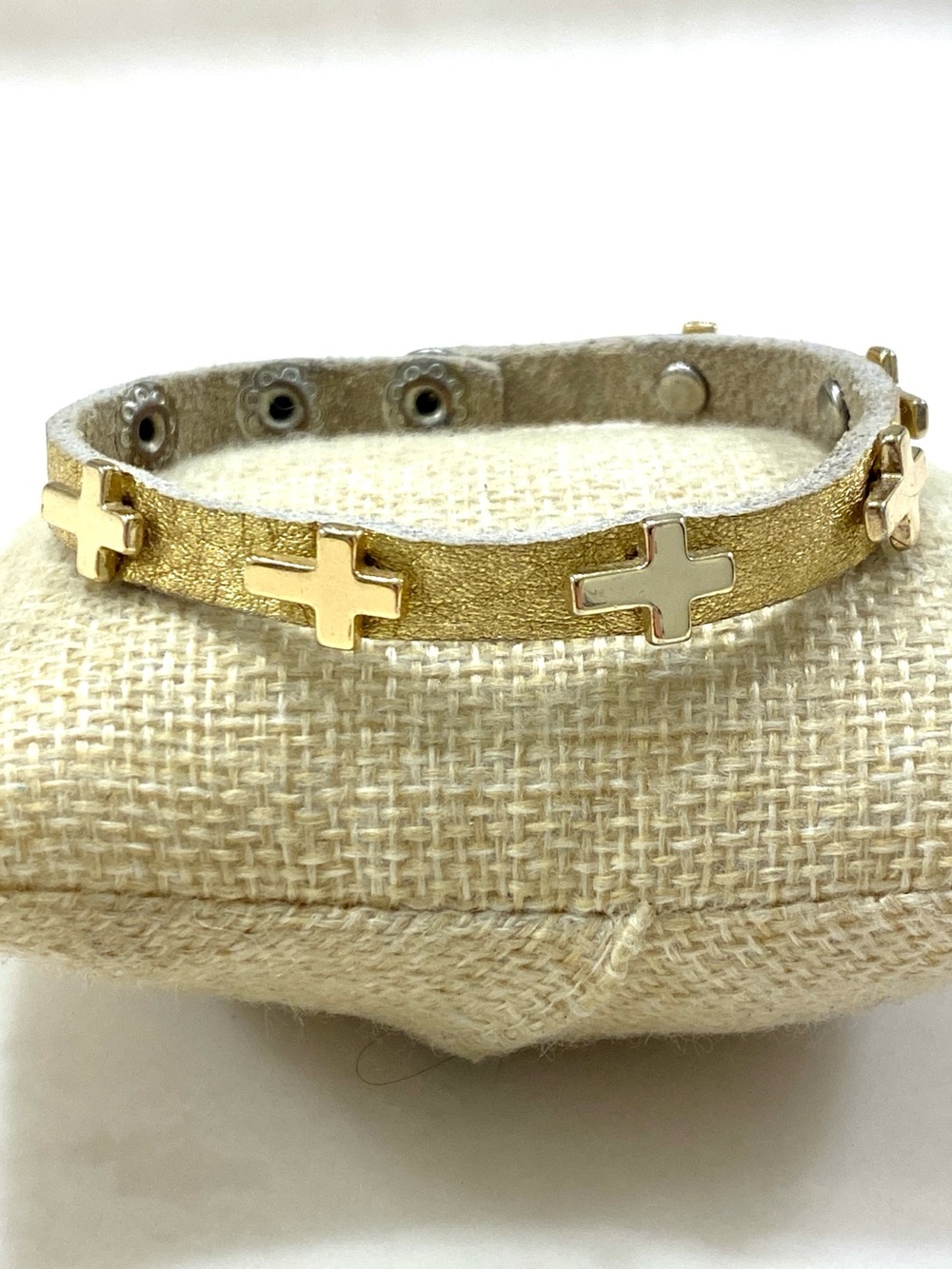 Vintage Gold Leather Bracelet with Cross Studs